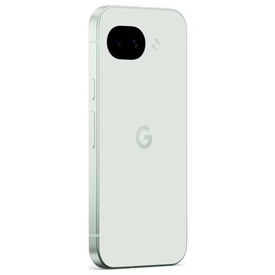 Un smartphone vert clair avec un appareil photo arrière et un logo « G », présentant un design épuré et moderne avec des bords plats.