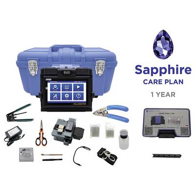 'Plan de soins Sapphire : 1 an. Boîte à outils bleue avec appareil électronique, divers outils en fibre optique et accessoires pour l'entretien et la réparation.'