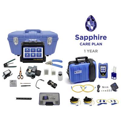 Ensemble d'outils de fibre optique portable comprenant différents outils, un épisseur par fusion, et texte « Plan de Soins Saphir 1 An » avec un logo de pierre précieuse bleue.