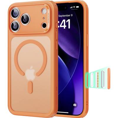 Un étui pour téléphone orange avec un design MagSafe met en avant un dos transparent révélant un logo Apple, aux côtés d'un écran de smartphone partiellement visible.