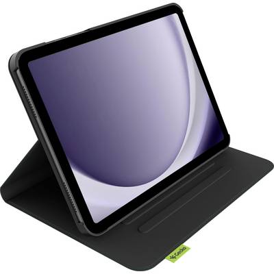 Une tablette dans un étui de protection noir pliable avec un support pour stylet, affichant un design d'écran abstrait et lisse de couleur violette.