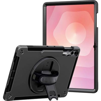 Étui de tablette noir avec une sangle de main pivotante et un support, présentant l'avant et l'arrière. L'avant affiche une tablette avec un écran dégradé rose.