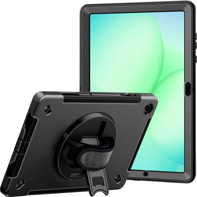 Un étui de tablette noir robuste avec une sangle à main rotative et un support, montré attaché à une tablette affichant un fond abstrait vert.