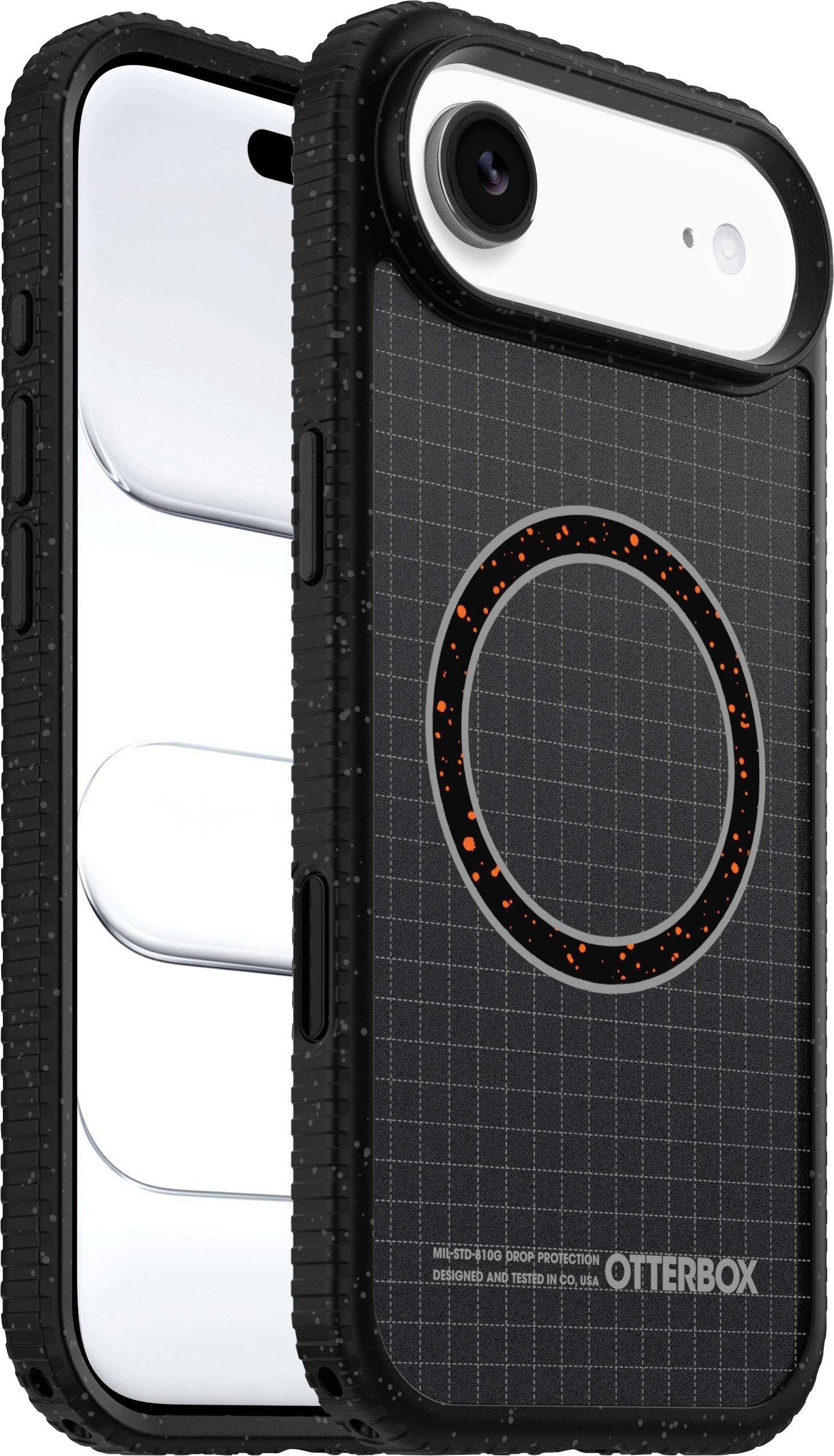 Un étui iPhone noir avec un motif de grille et un design circulaire orange près du haut. Le téléphone à l'intérieur affiche une vue de côté et un écran blanc.