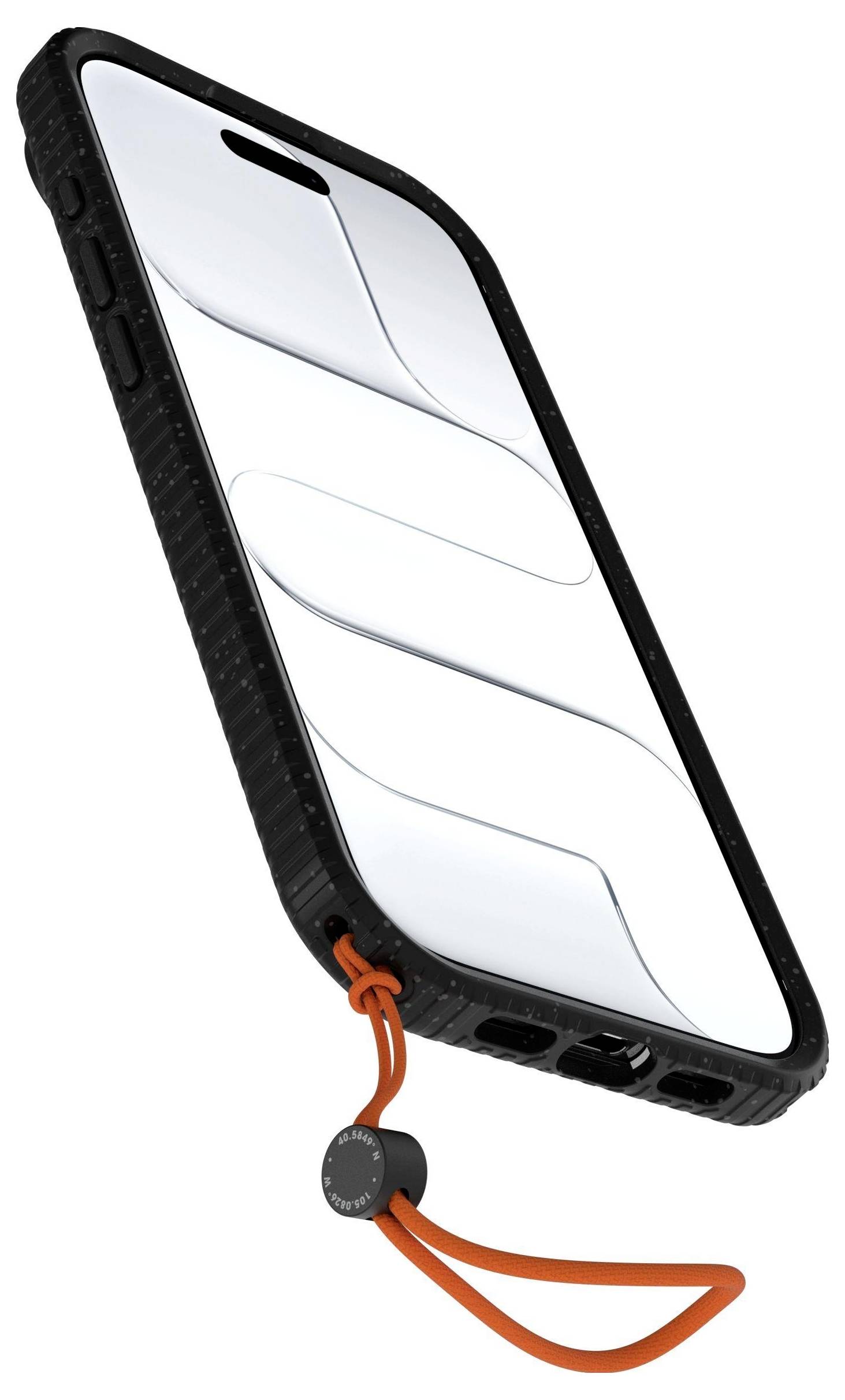 Un smartphone avec un étui noir robuste et une sangle de poignet orange, présentant un design stylisé avec la lettre 'Z' sur l'écran.