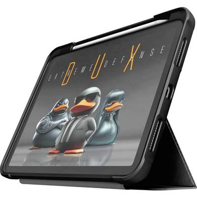 Une tablette numérique dans une housse de protection noire, affichant une illustration de trois canards sur son écran.