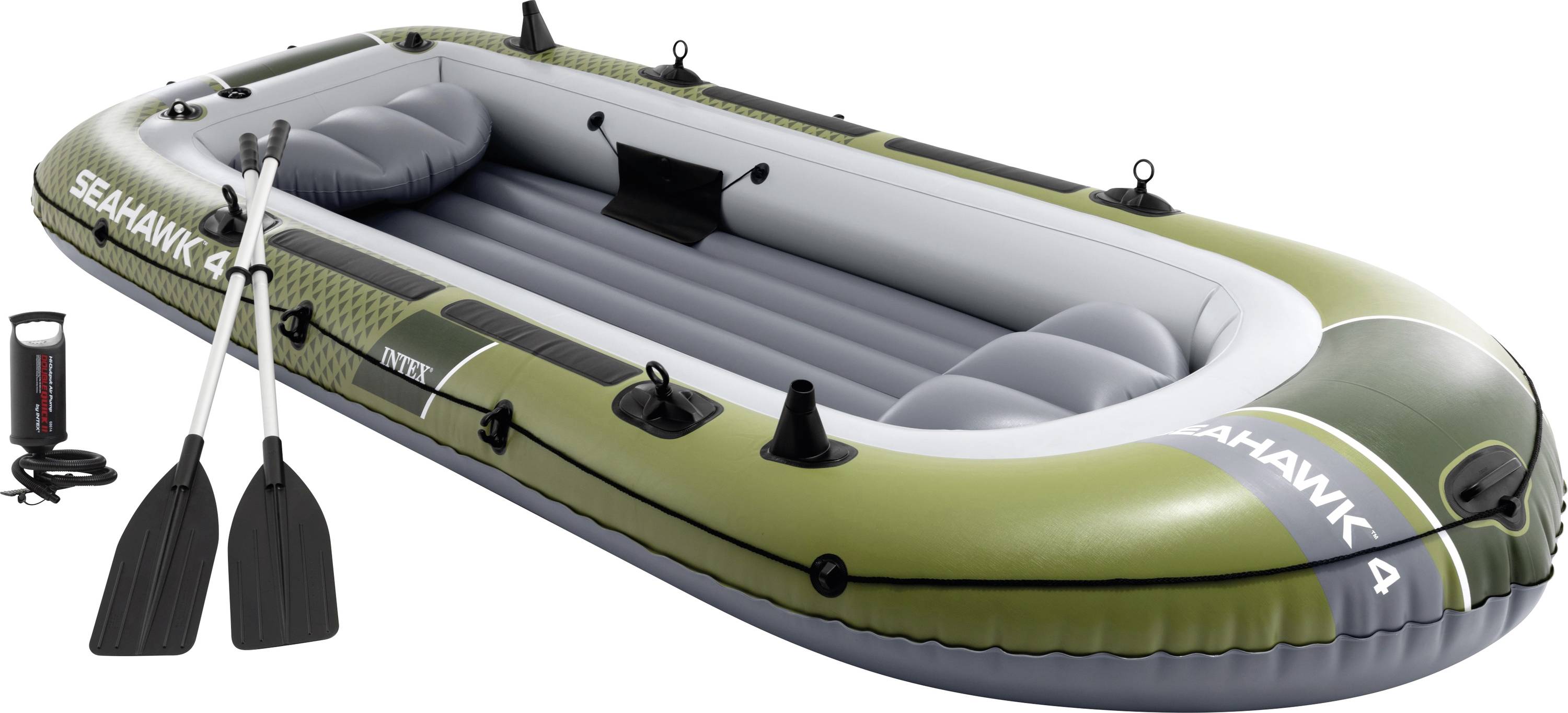 Un bateau gonflable aux couleurs vert et blanc, étiqueté « Seahawk 4 ». Comprend deux rames noires et une pompe manuelle. Convient pour 4 personnes.