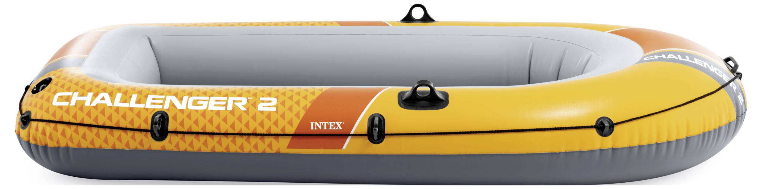 Bateau gonflable jaune et gris portant l'étiquette « Challenger 2 » avec des poignées noires, adapté pour deux passagers, sur un fond blanc.