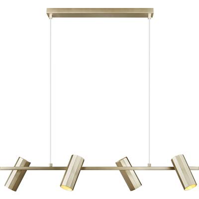 Luminaire de plafond moderne en or avec cinq projecteurs orientables sur une barre linéaire, suspendu par deux cordons depuis un support rectangulaire.