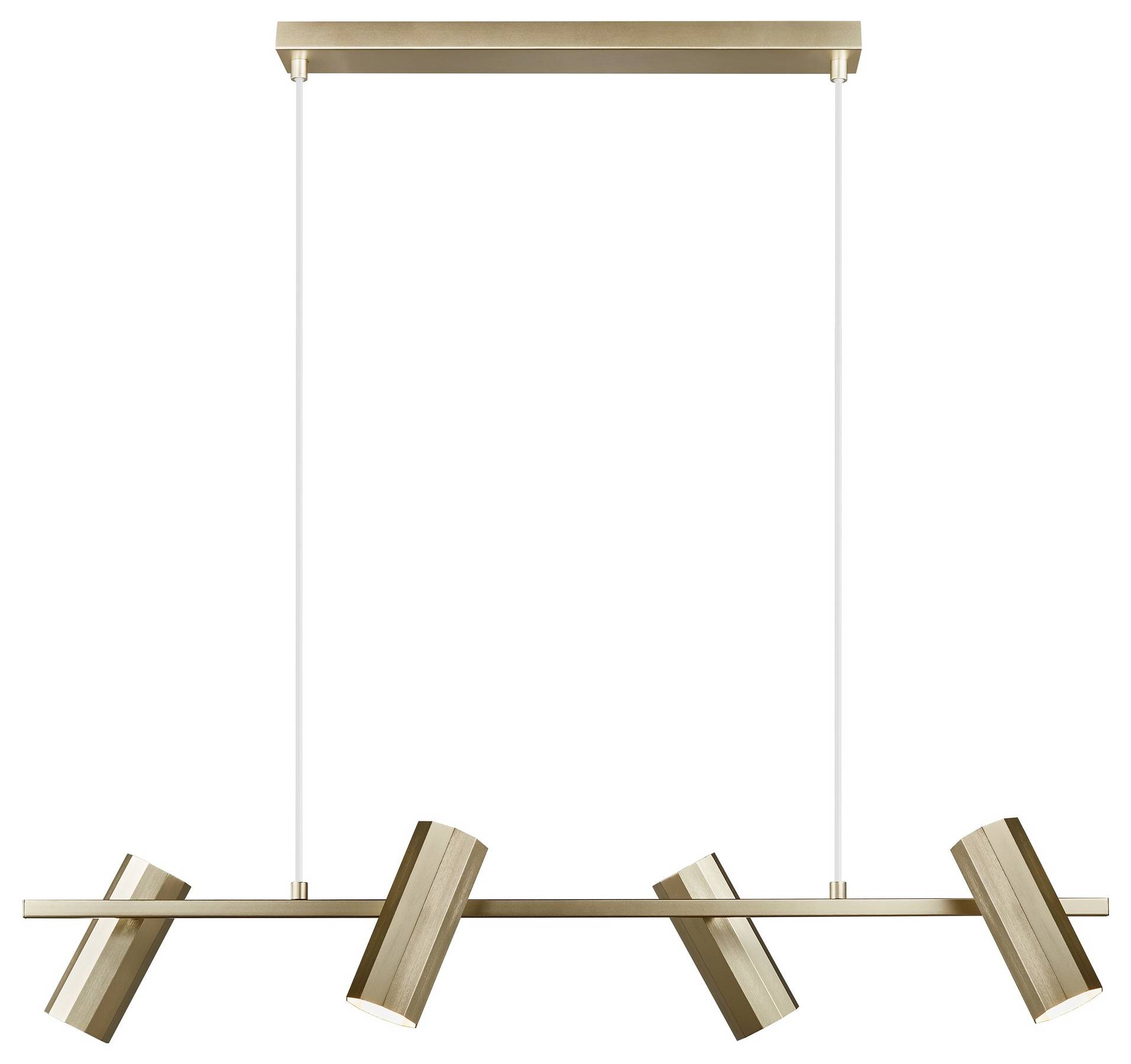 Un lustre en or moderne avec quatre lumières cylindriques ajustables suspendues à un cadre rectangulaire à partir d'une fixation au plafond.