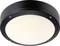 Un luminaire de plafond rond avec cadre noir et diffuseur en verre dépoli, fixé par quatre vis, conçu pour une utilisation intérieure ou extérieure.