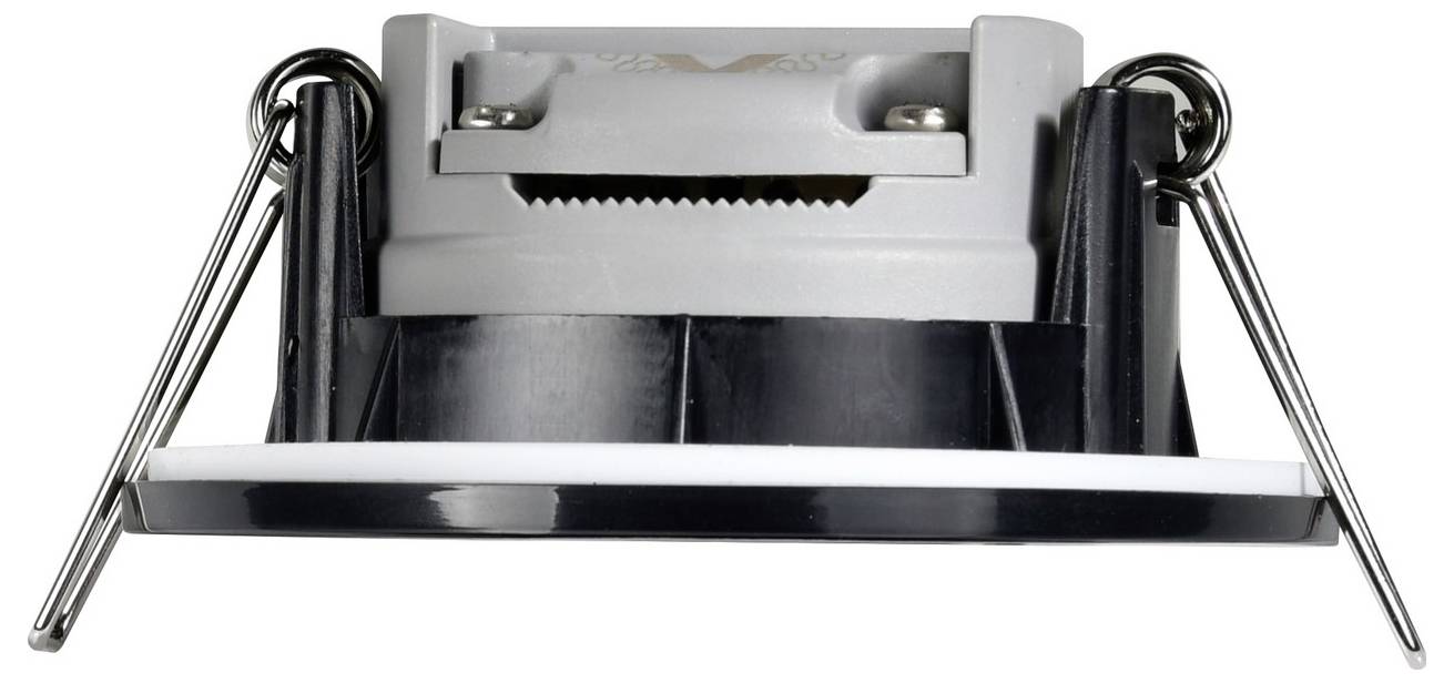 Lumière de plafond encastrée ronde avec deux clips métalliques à ressort sur les côtés, vue de côté, montrant un boîtier noir et blanc.