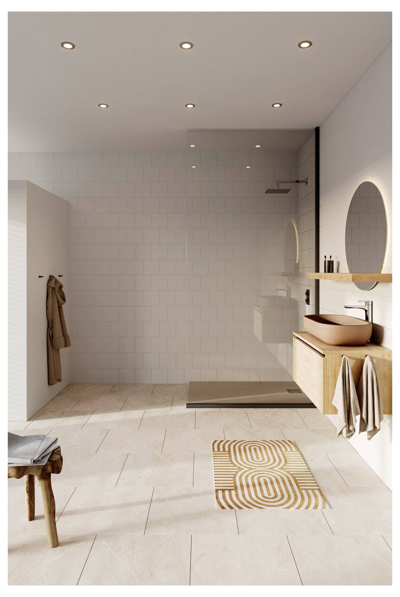 Une salle de bain moderne dispose d'une grande douche à l'italienne avec des carrelages blancs, un miroir rond au-dessus d'une vanité en bois, et un tapis à motifs sur le sol.