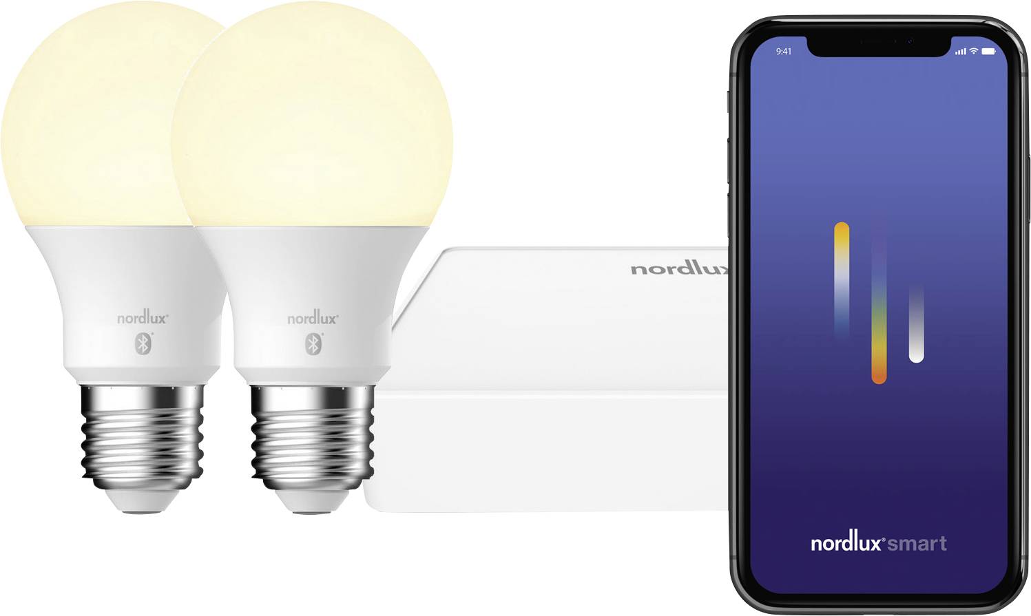 'Ensemble de deux ampoules intelligentes à côté d'un smartphone affichant l'interface de l'application intelligente Nordlux, illustrant le contrôle de l'éclairage domestique intelligent.'