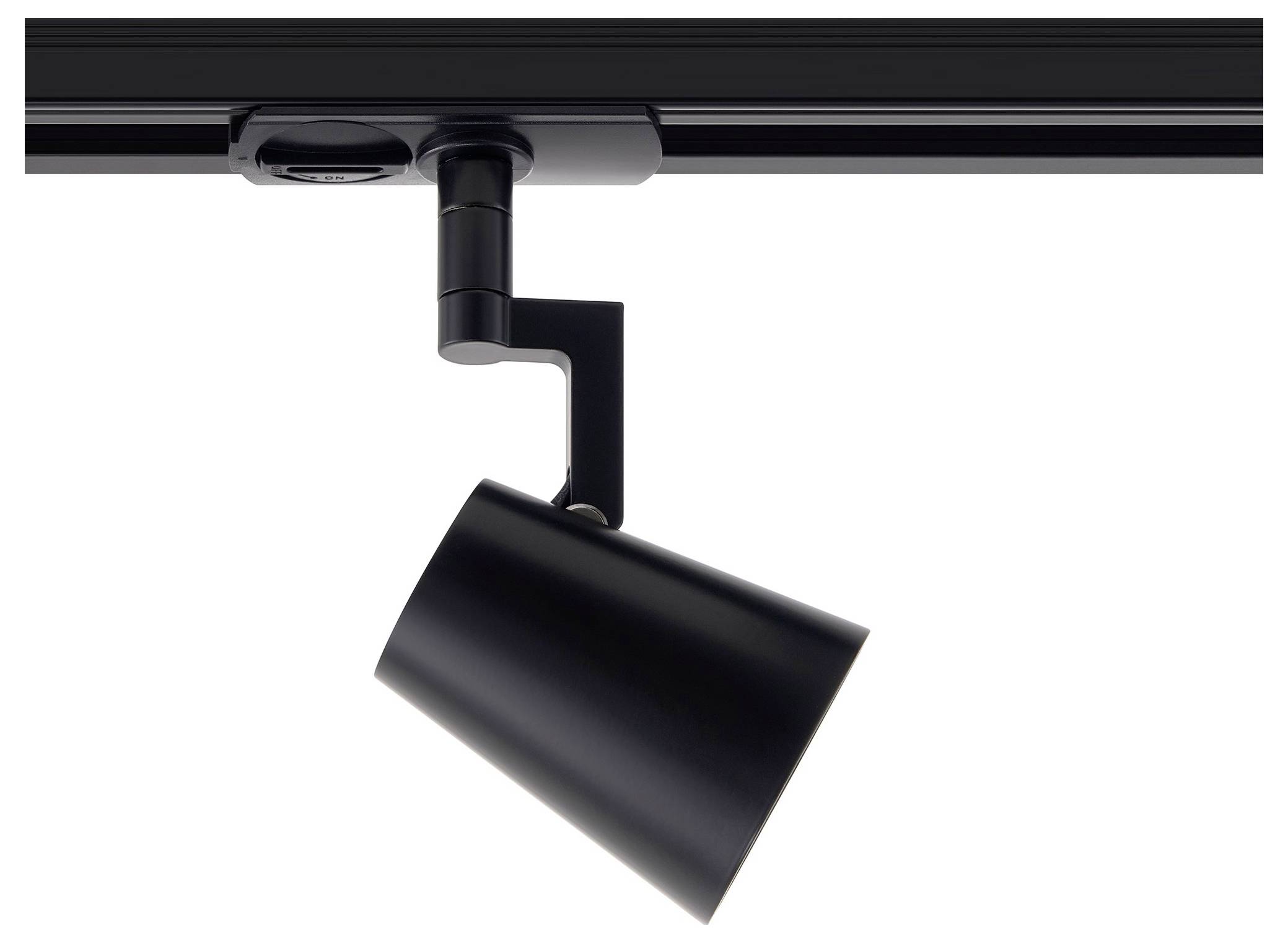 Luminaire de rail avec un projecteur cylindrique noir monté sur un rail de plafond, conçu pour un éclairage directionnel ajustable.