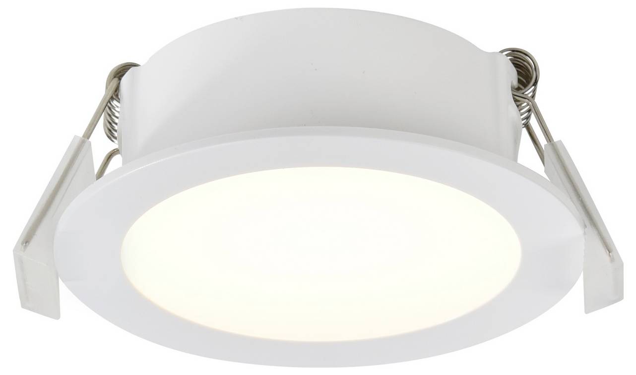 Un luminaire de plafond encastré LED blanc et rond avec des clips métalliques sur les côtés, émettant une douce lueur du centre, conçu pour une utilisation intérieure.