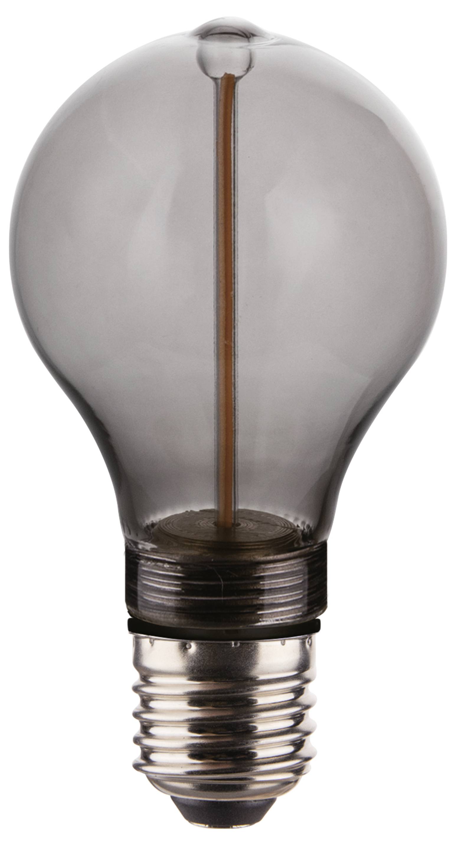 Une ampoule à incandescence en verre transparent avec un filament visible, sur un fond neutre.