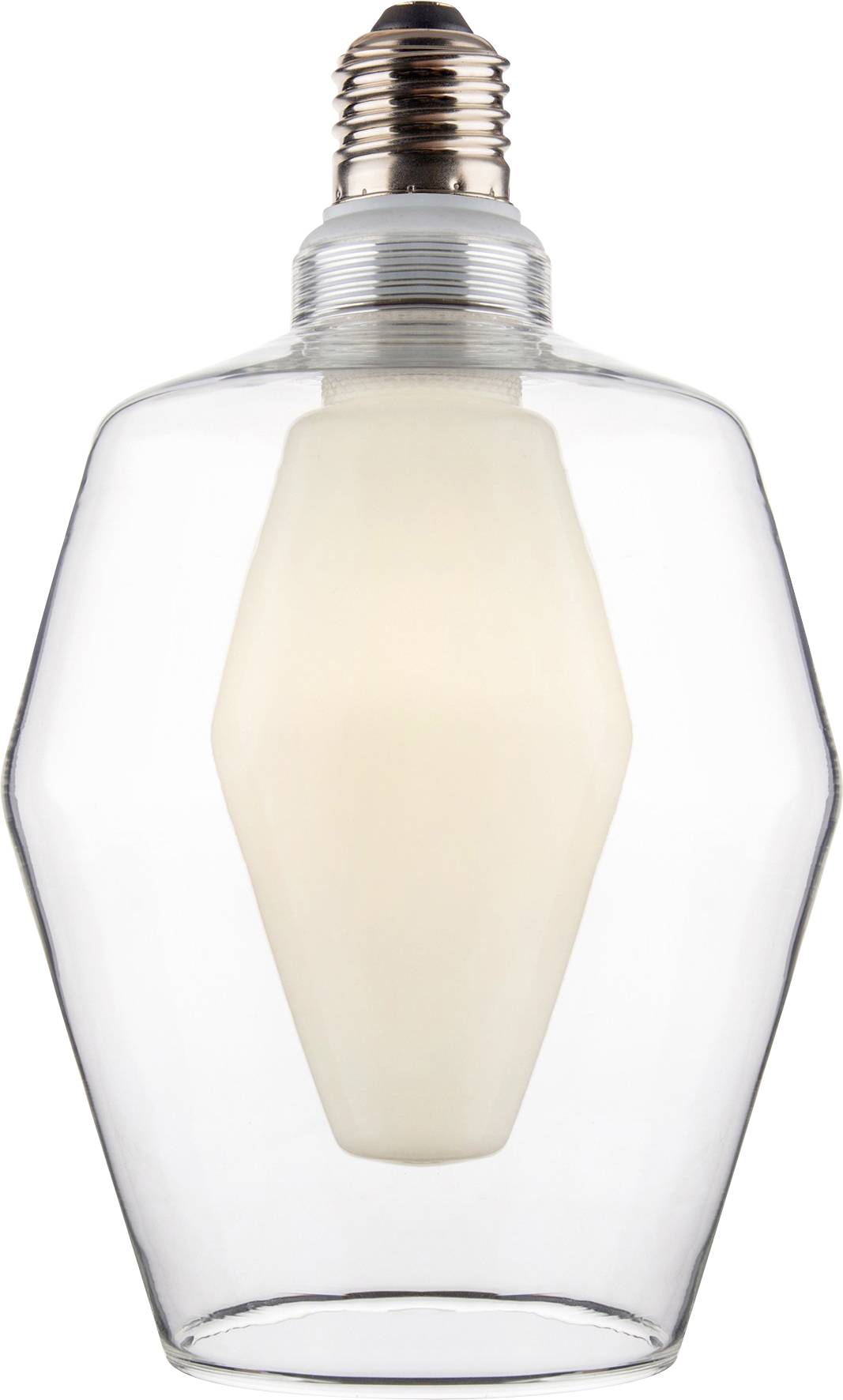 Une ampoule en verre transparent avec un design angulaire unique et une lueur chaleureuse, équipée d'une base à vis en cuivre.