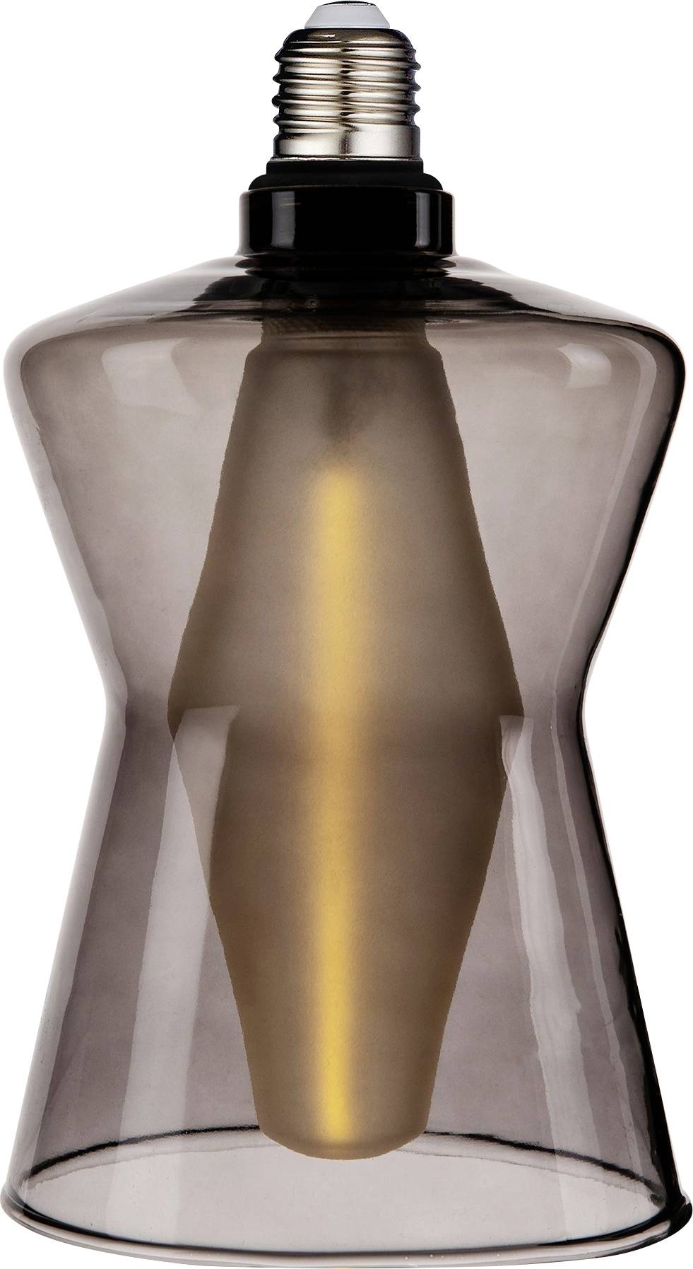 Une ampoule de forme unique et moderne avec une coque en verre foncé et un filament luminescent visible à l'intérieur, adaptée à l'éclairage décoratif.