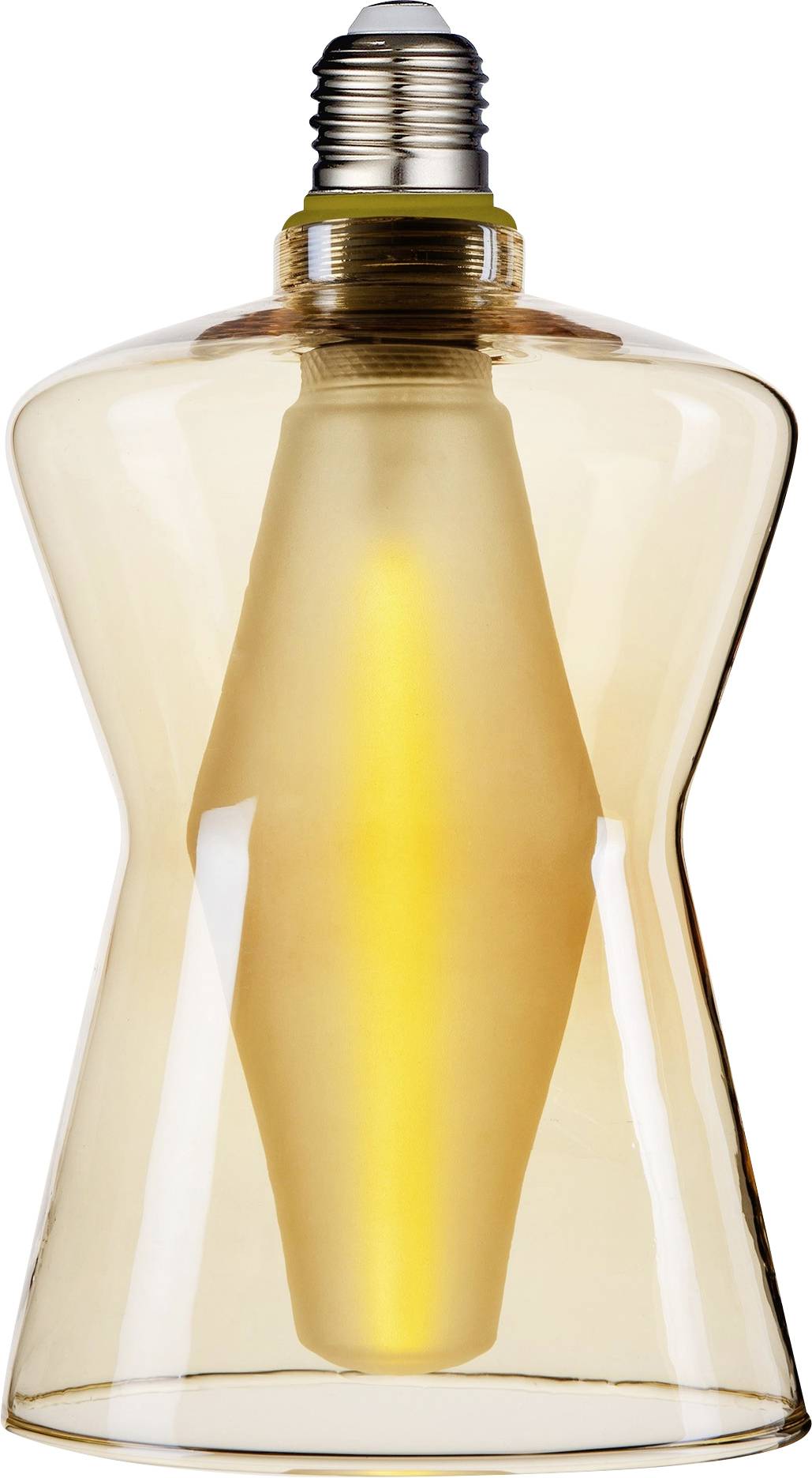 Une ampoule au design unique et de style rétro émet une lueur chaleureuse, caractérisée par un verre ambré large et un filament central étroit et allongé.