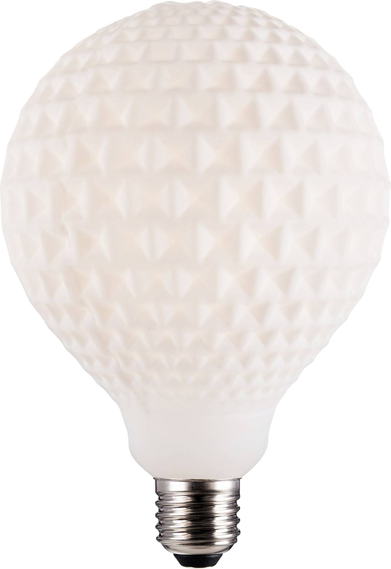 Une ampoule sphérique texturée avec un motif géométrique en surface. Elle possède une base de vis argentée et émet une lueur douce et diffuse.