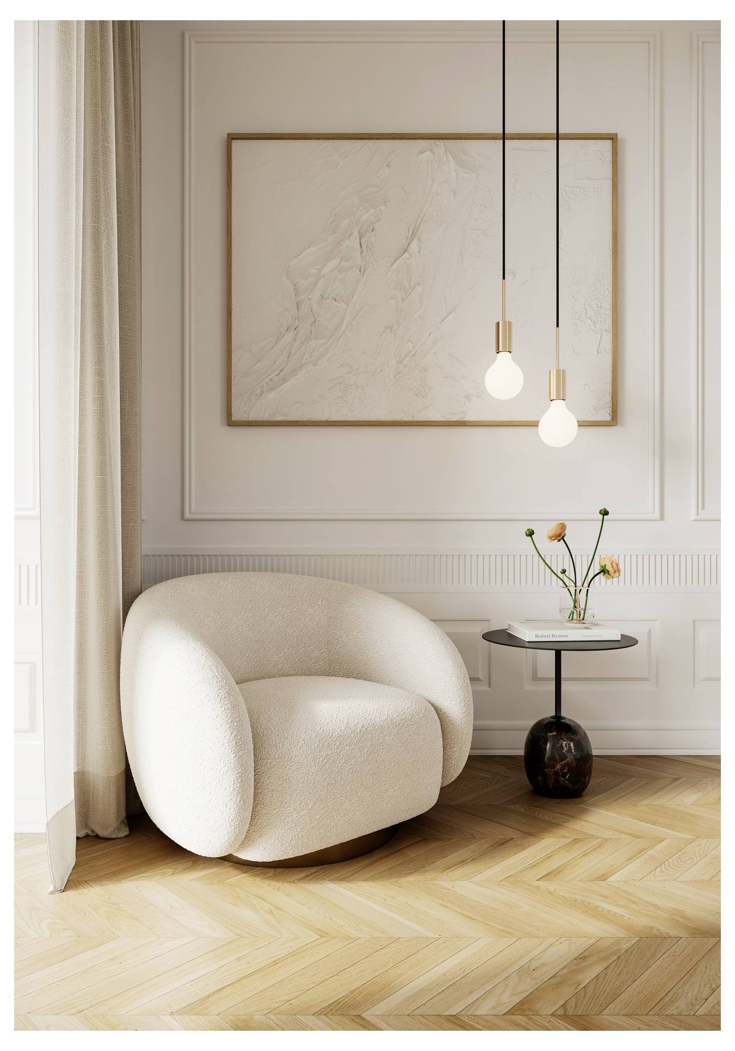 Un fauteuil beige confortable à côté d'une petite table avec des fleurs dans une pièce brillante et élégante dotée d'une grande pièce d'art mural texturée et de suspensions luminaires.