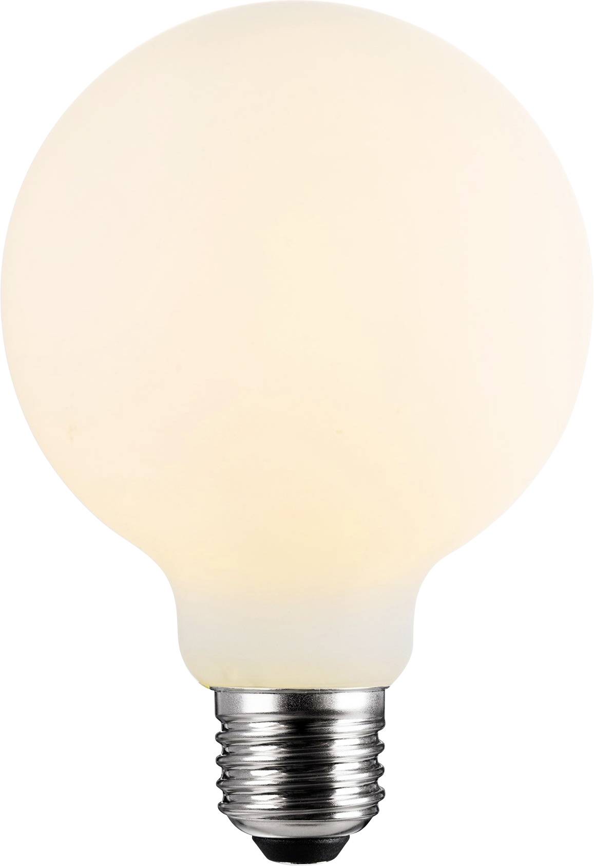 Une ampoule ronde et brillante avec un fini givré et une base de vis métallique, sur un fond blanc.