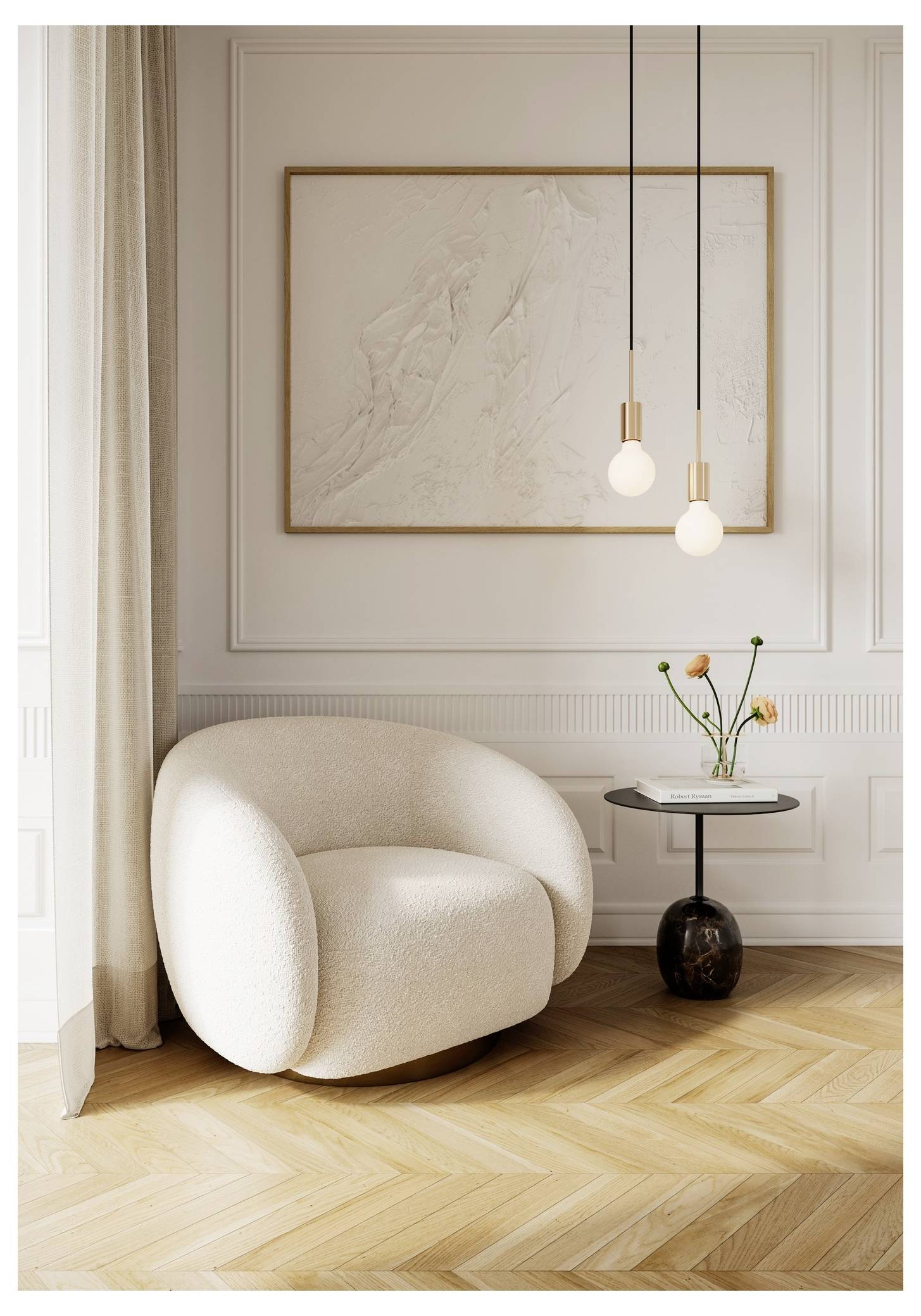 Un coin salon moderne et confortable avec un fauteuil blanc et moelleux, une petite table ronde contenant des fleurs, des luminaires suspendus, et un tableau minimaliste.