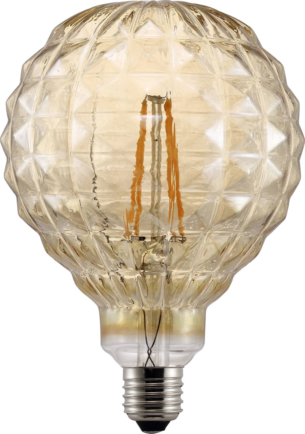 Une ampoule de style vintage avec une surface en verre à motifs et un filament visible, émettant une lueur ambrée chaleureuse.