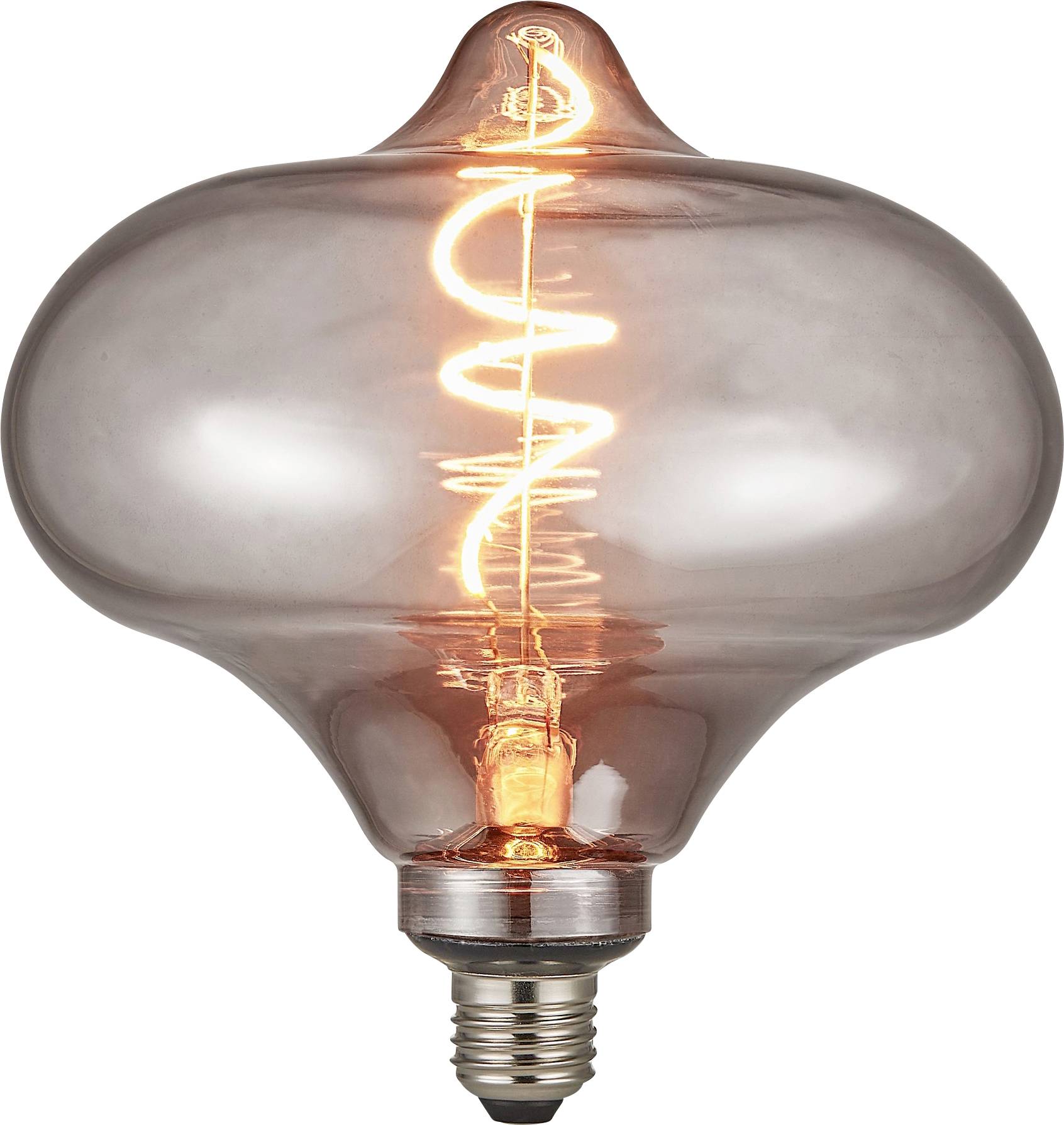 Une ampoule de style vintage avec un filament en spirale brillante à l'intérieur d'un verre de forme unique, suggérant la chaleur et le design rétro.