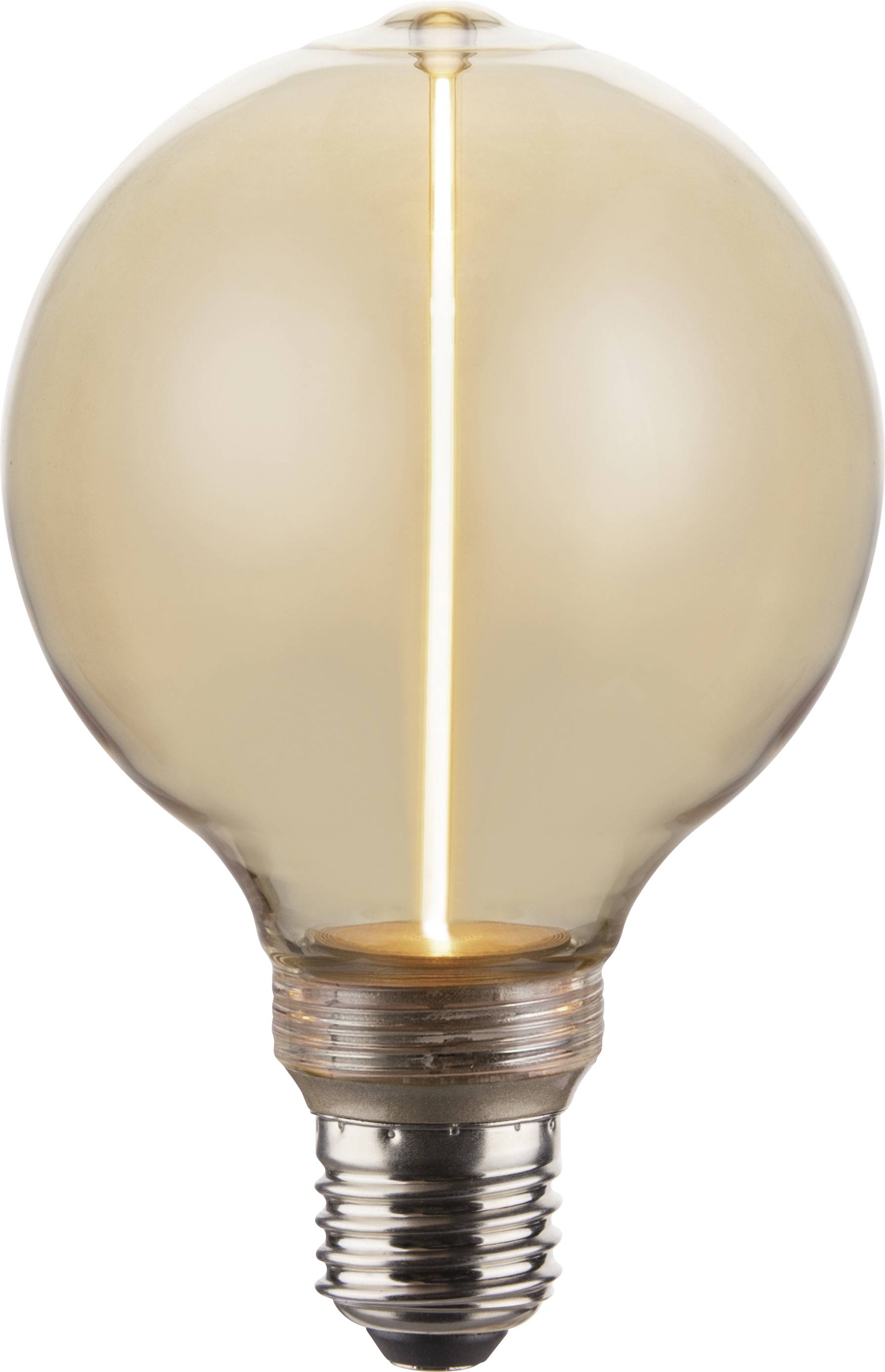 Une ampoule incandescente de style vintage avec un filament brillant à l'intérieur d'une enveloppe en verre translucide et ronde, et une base de vis métallique.