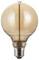 Une ampoule électrique sphérique de style vintage avec une teinte ambrée et un filament visible, sur un fond neutre.