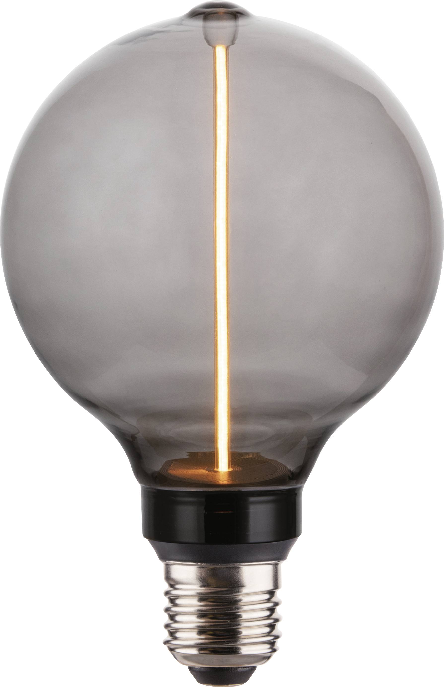 Une ampoule à filament allumée avec un revêtement en verre fumé, montrant un filament vertical brillant à l'intérieur.