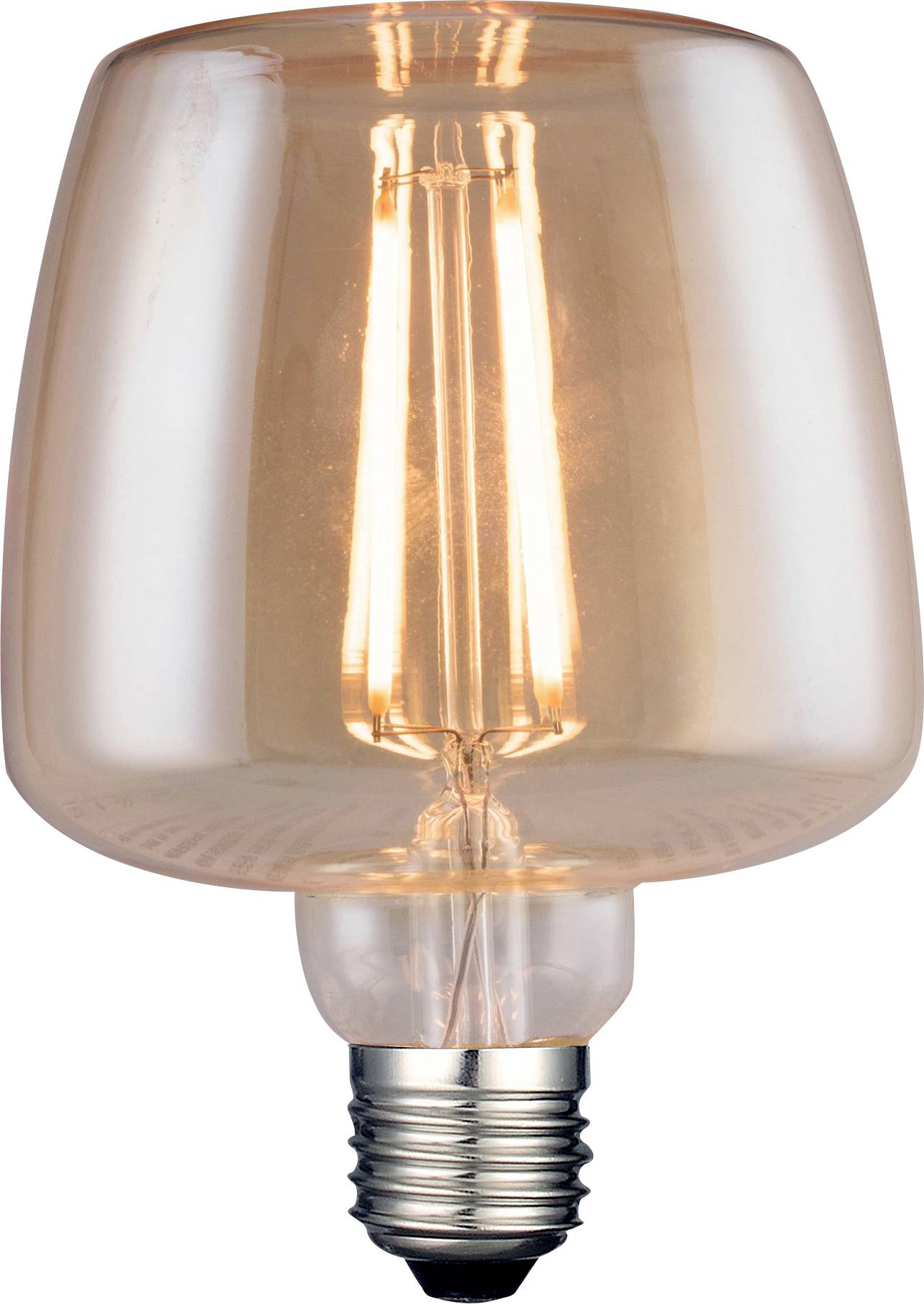 Une ampoule à filament de style vintage allumée avec une lueur chaude à l'intérieur d'un abat-jour en verre transparent de forme conique.