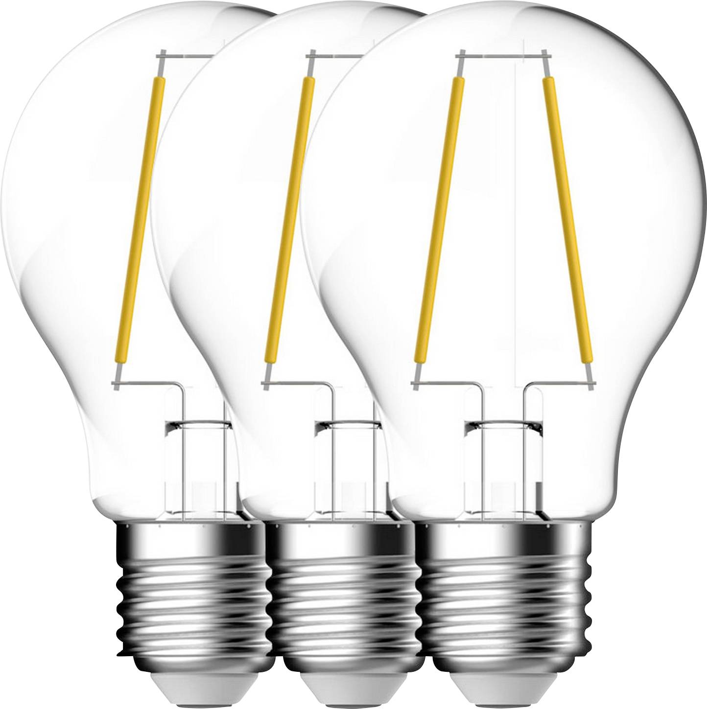 Trois ampoules LED, chacune avec un verre transparent et un filament visible, sont exposées côte à côte sur un fond blanc.
