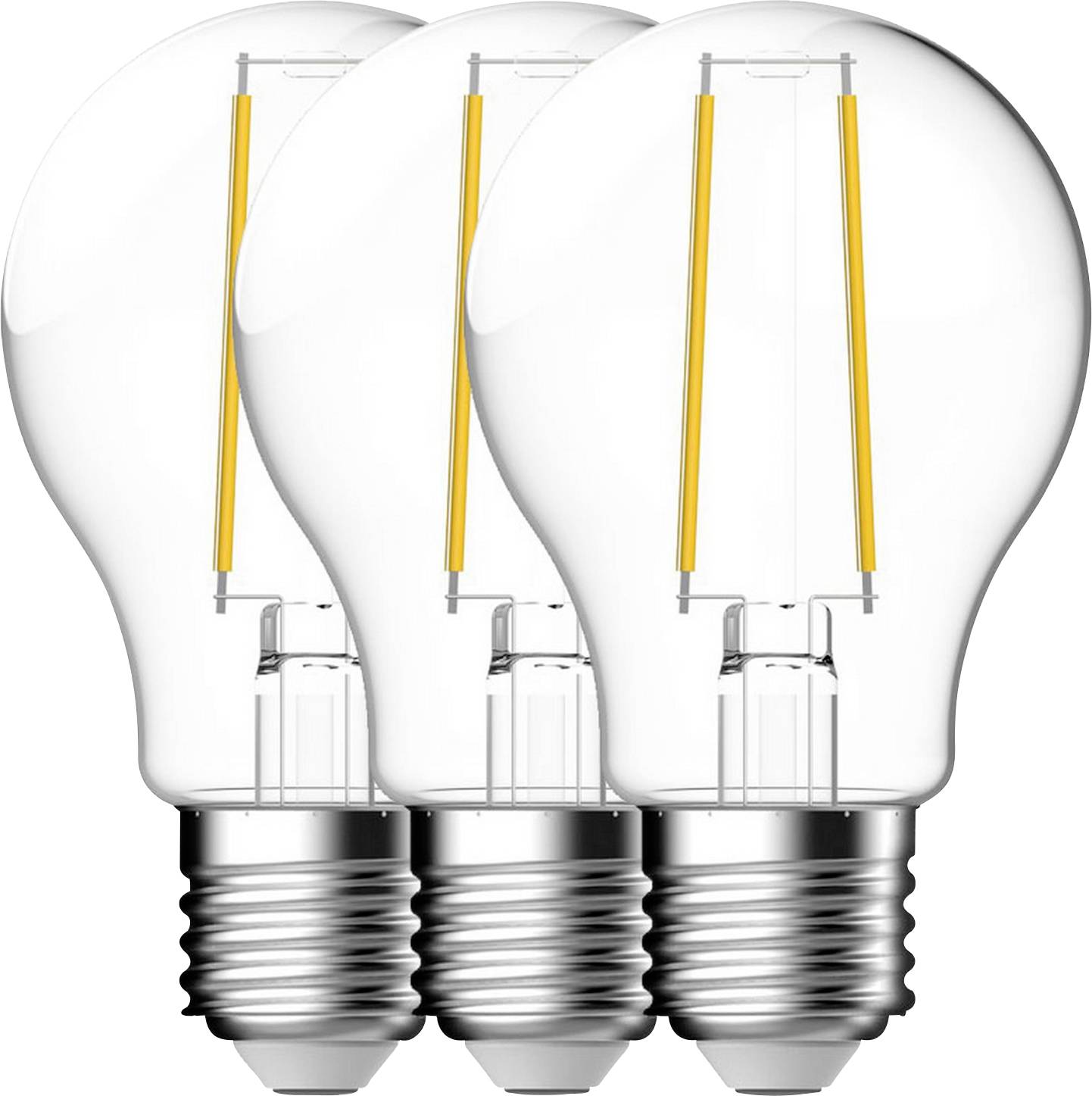 Trois ampoules LED avec un design transparent, présentant des filaments jaunes et des bases métalliques, alignées en rangée.
