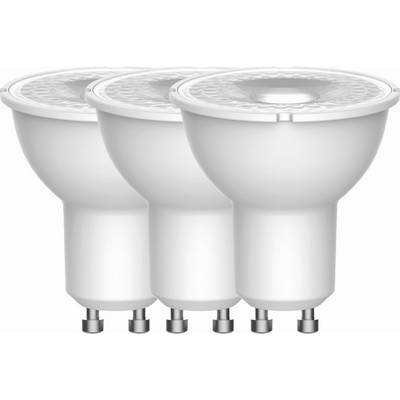 Trois ampoules LED avec culots GU10 sont alignées en rangée, mettant en avant leur conception économe en énergie.