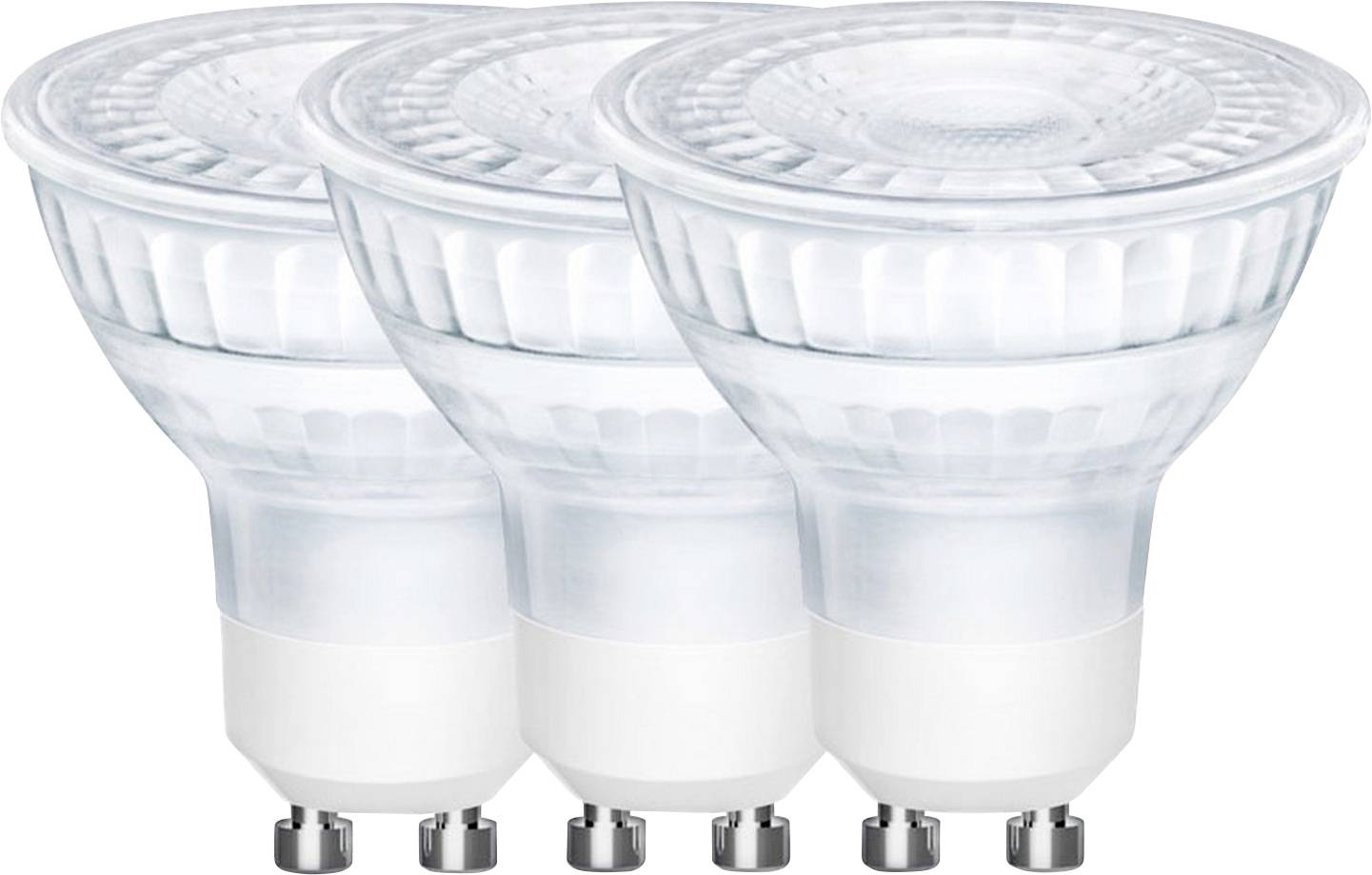 Trois ampoules LED avec douilles GU10, vues de côté, mettant en évidence leur conception économe en énergie.