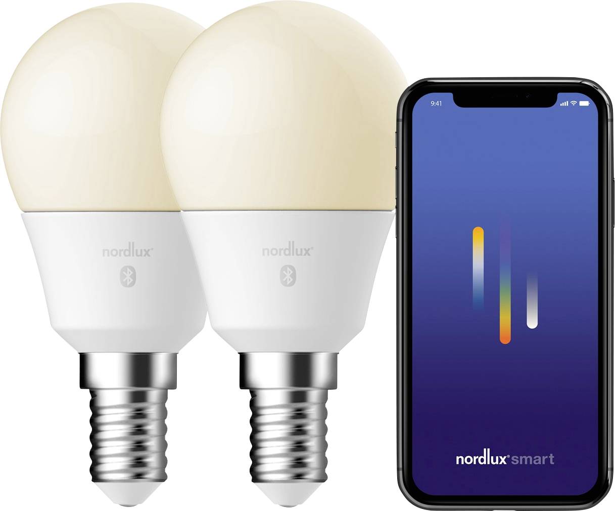 Deux ampoules intelligentes à côté d'un smartphone affichant l'application « Nordlux Smart », illustrant le contrôle de l'éclairage de la maison intelligente.