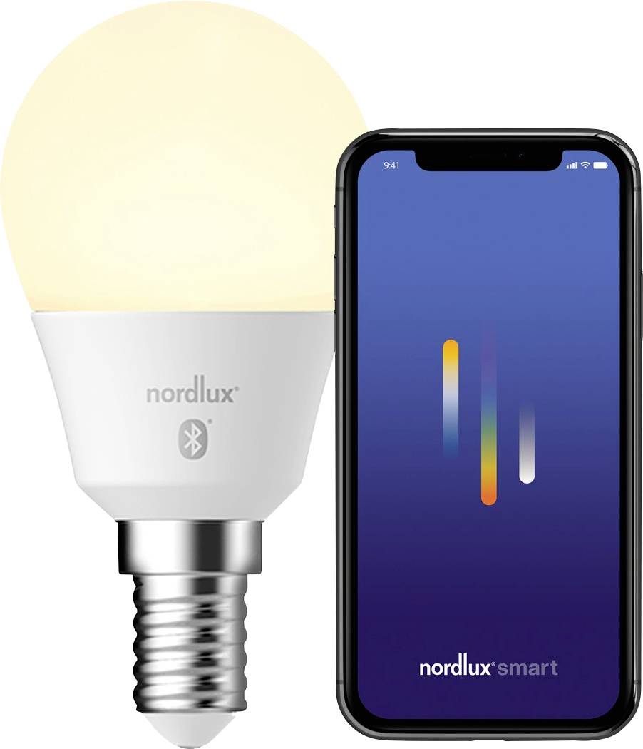 Ampoule intelligente Nordlux et application smartphone; l'interface de l'application affiche les options de contrôle des couleurs pour ajuster la sortie lumineuse et la couleur de l'ampoule.