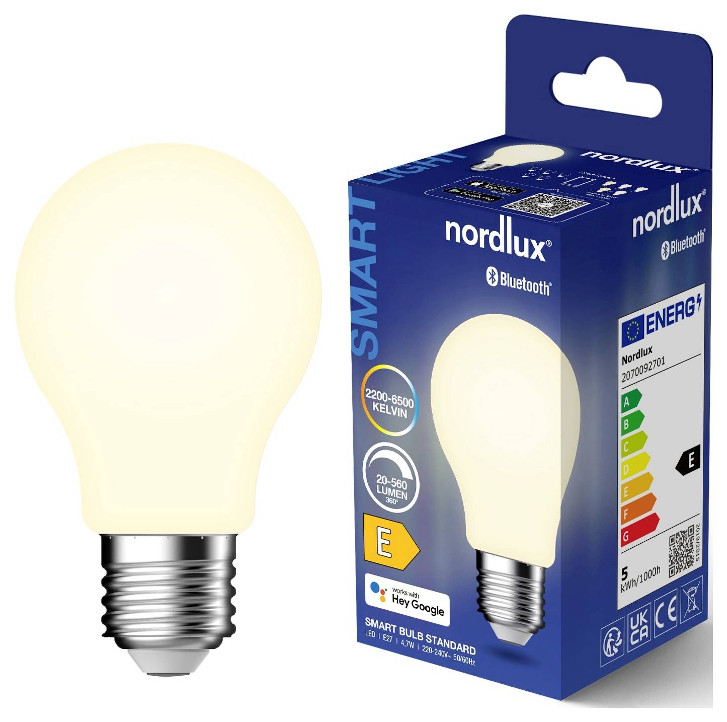 'Ampoule LED intelligente A19 par Nordlux avec Bluetooth, offrant une température de couleur ajustable de 2200 à 6500 Kelvin et une luminosité de 20 à 540 lumens. Classe d'efficacité énergétique E.'