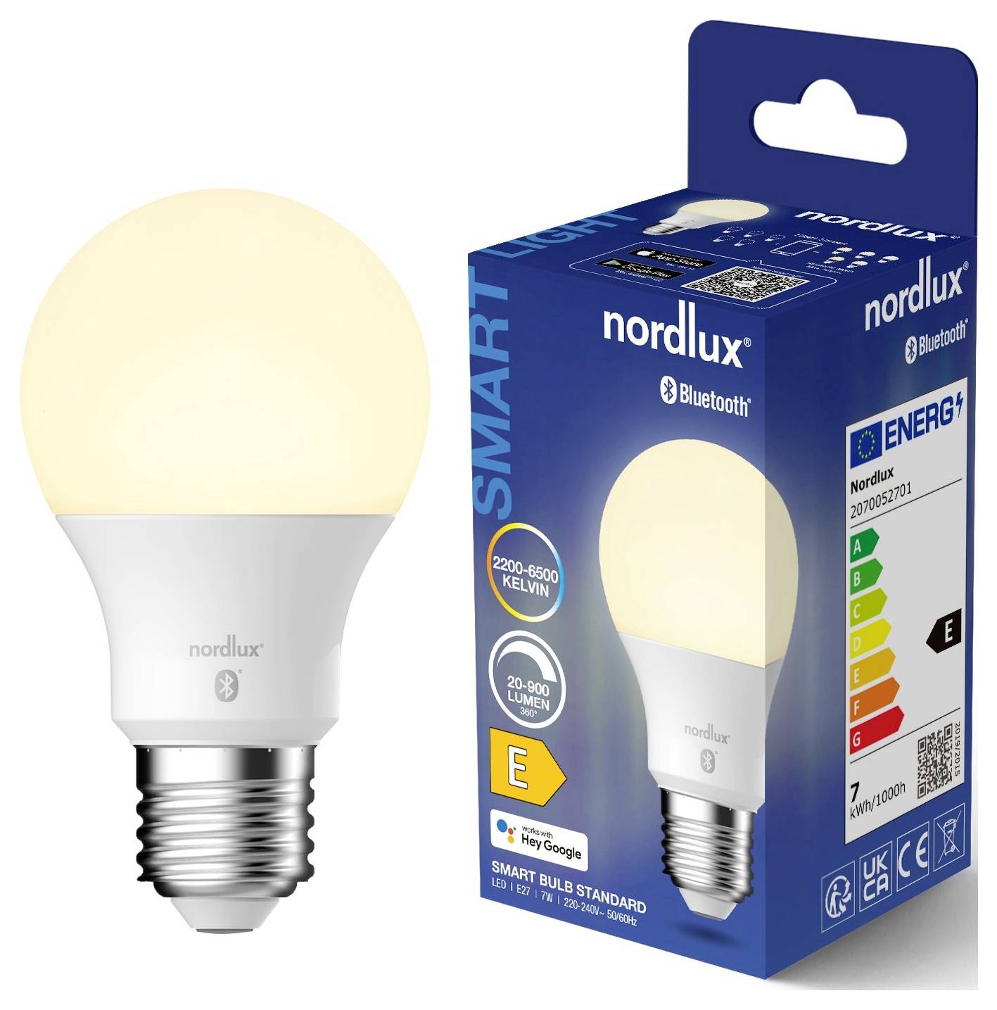 Ampoule LED intelligente par Nordlux avec emballage, dotée de la connectivité Bluetooth. Classe énergétique « E ». Température de couleur ajustable 2200-6500 Kelvin, 20-806 lumens.