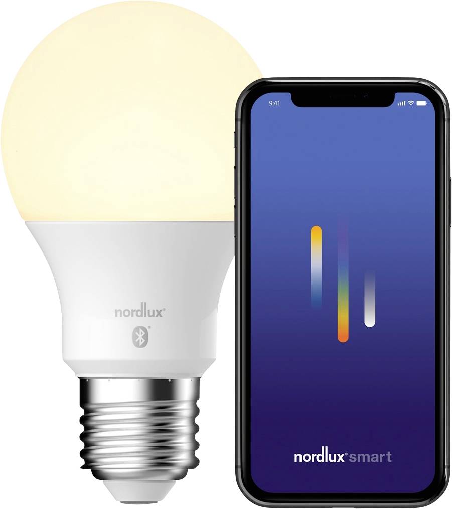 Ampoule intelligente à côté d'un smartphone affichant l'interface de l'application « Nordlux Smart », indiquant la connectivité Bluetooth pour le contrôle à distance.