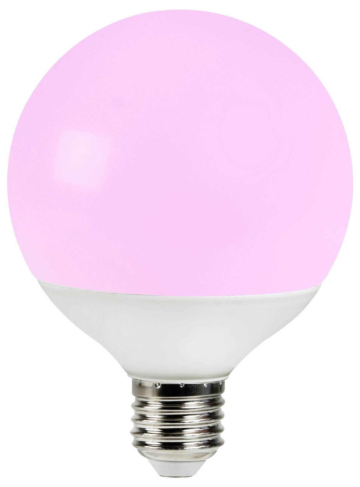 Une ampoule LED rose avec une forme sphérique et une base de vis métallique.