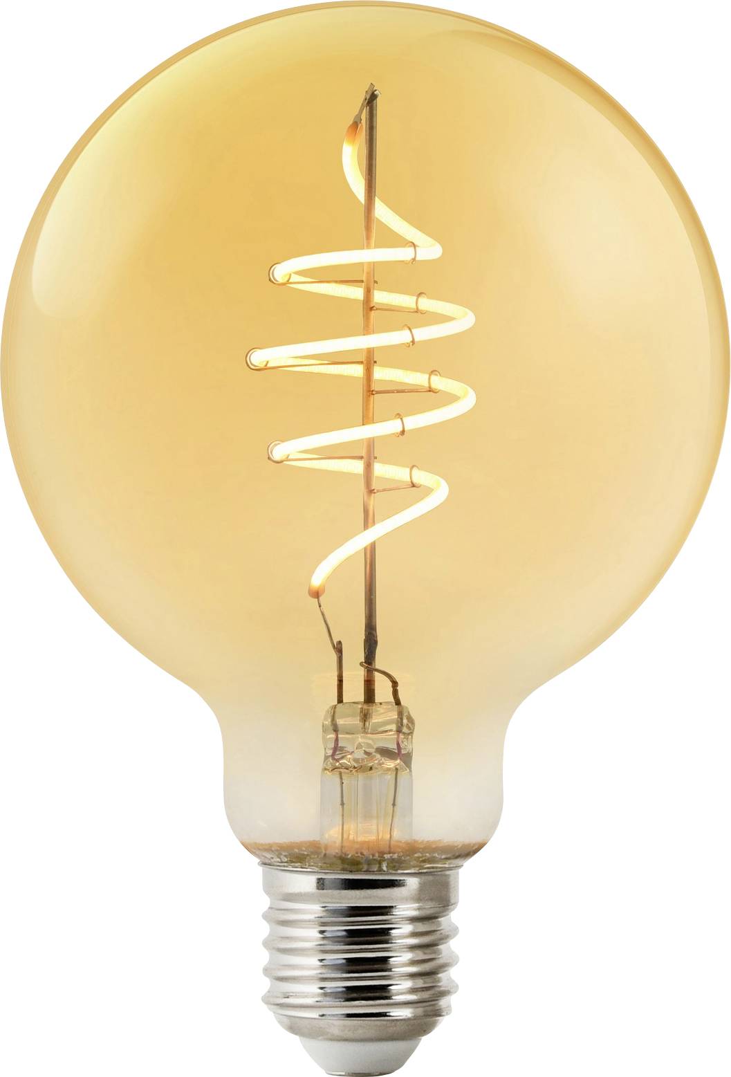 Une ampoule de style vintage brillante avec un filament spiralé visible à l'intérieur d'une enceinte en verre rond.