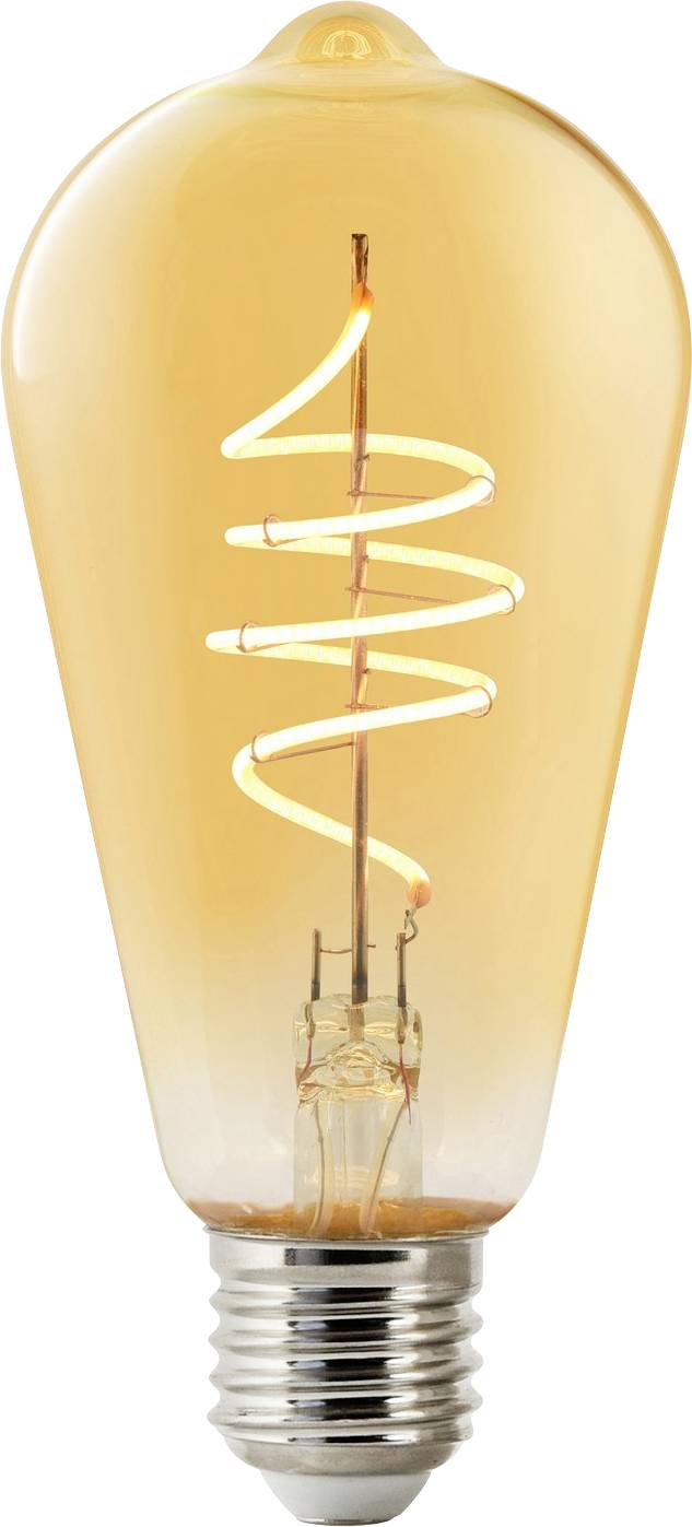 Une ampoule Edison de style vintage avec filament incandescent, sur un fond blanc. La forme allongée de l'ampoule et le filament en spirale sont visibles.