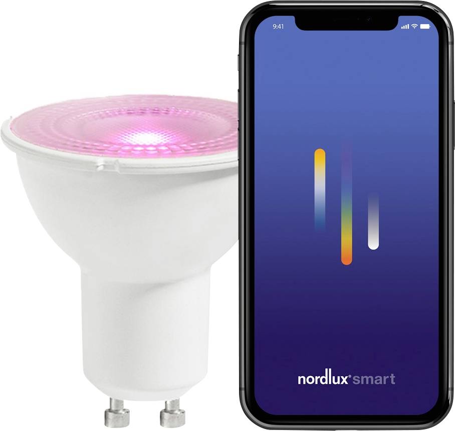 Un smartphone affiche l'application « nordlux smart » à côté d'une ampoule intelligente émettant une lumière rose, montrant la fonctionnalité de contrôle de l'éclairage de la maison intelligente.