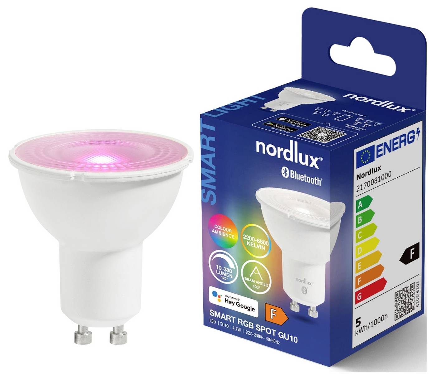 Ampoule spot RGB intelligente GU10 avec lumière rose et emballage. Compatible avec Bluetooth, Google, Alexa. Classe énergétique F, 5W, 2200-6500K.