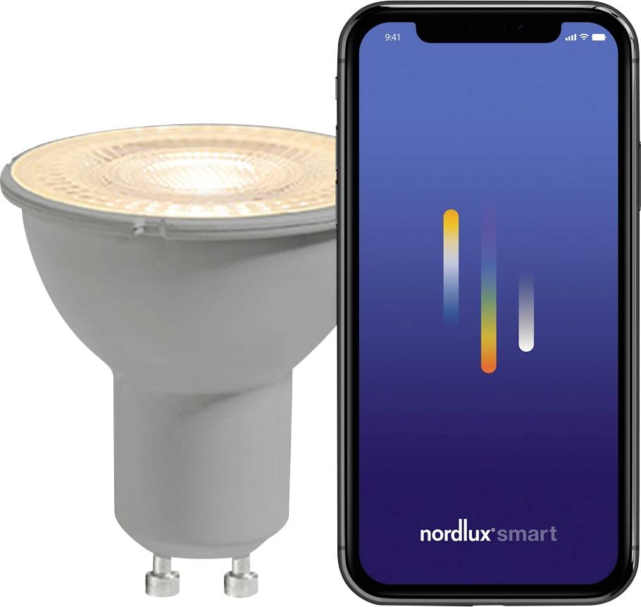 Une ampoule intelligente à côté d'un smartphone affichant l'interface de l'application « nordlux smart » avec des barres verticales colorées, indiquant la connectivité.