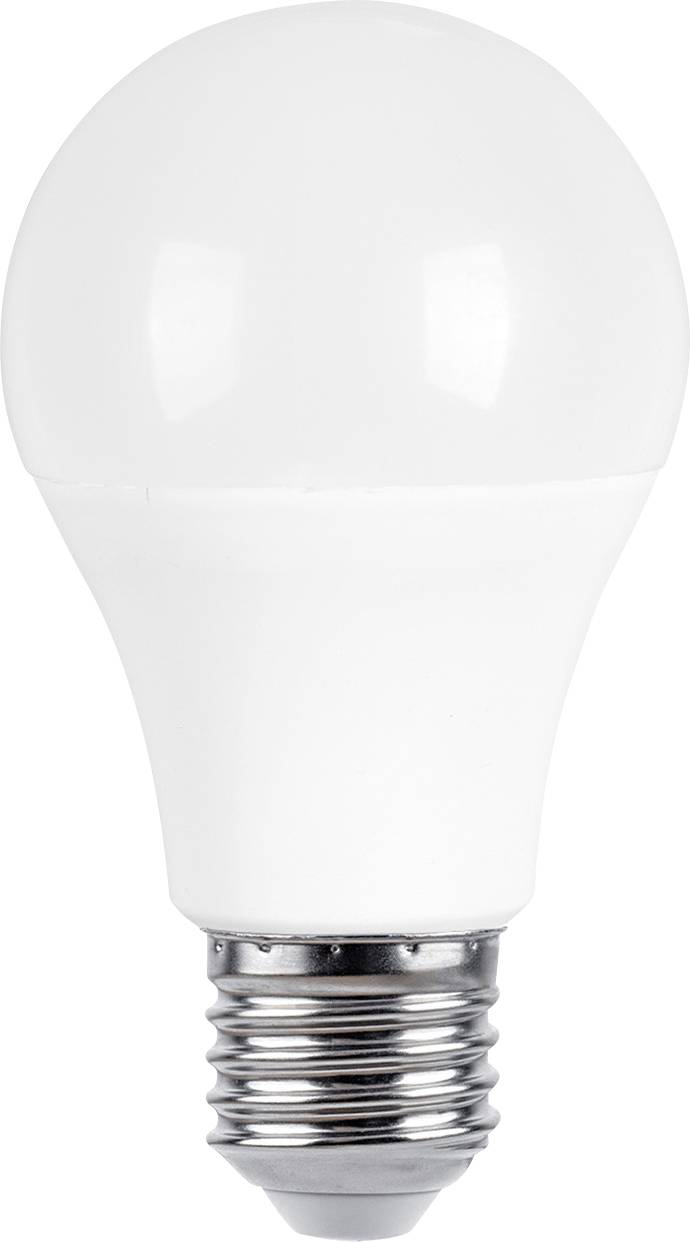 Une ampoule LED blanche avec une base argentée sur un fond neutre.